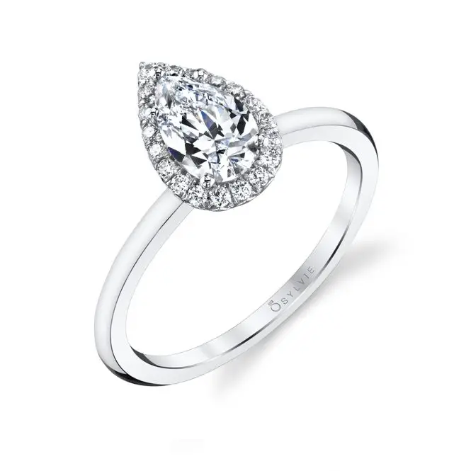 Pear Shaped White Gold Solitaire Halo Engagement Ring - Elsie