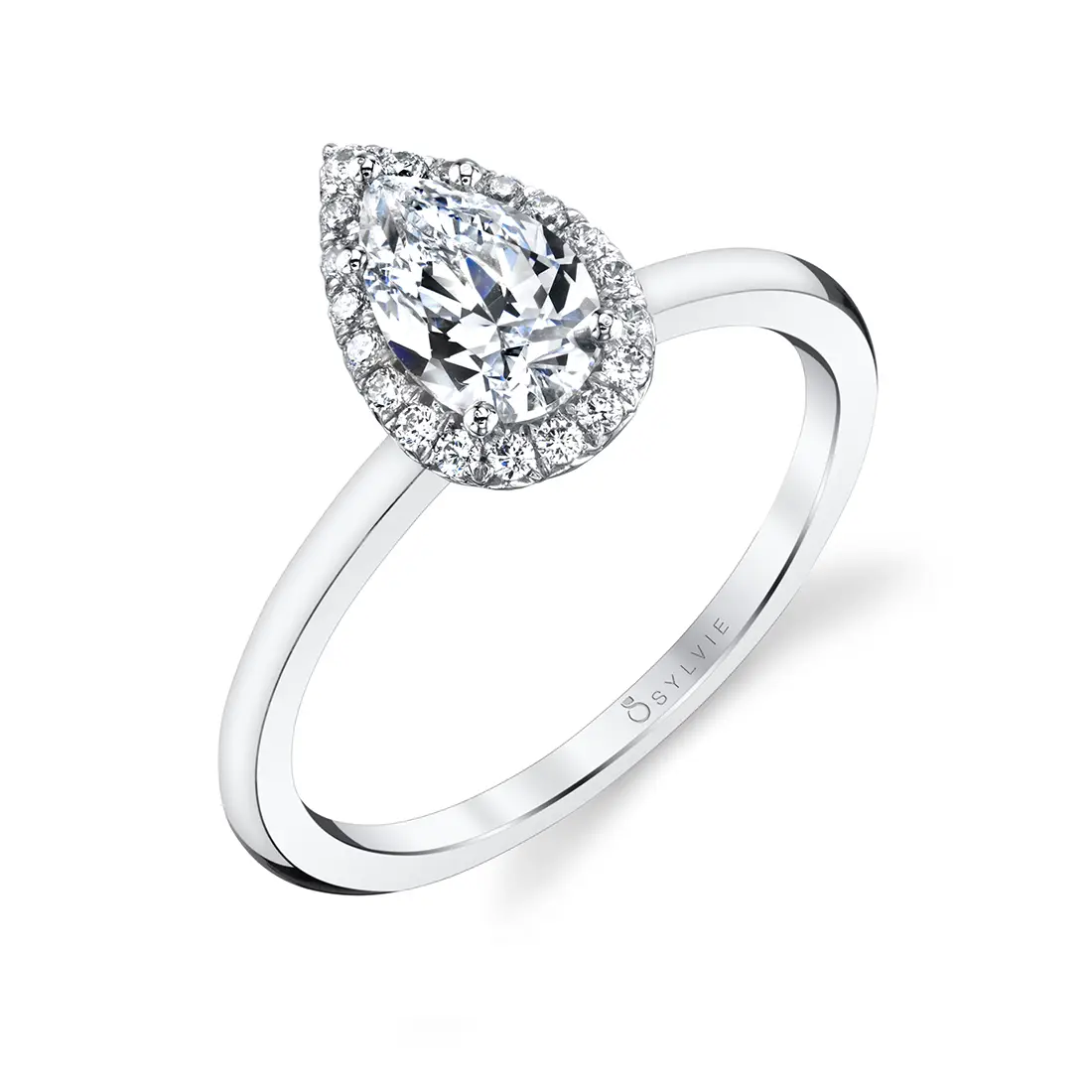 White Gold Pear Shaped Solitaire Halo Engagement Ring - Elsie