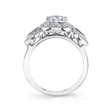 White Gold Round Cut Three Stone Engagement Ring with Halo - Sonia