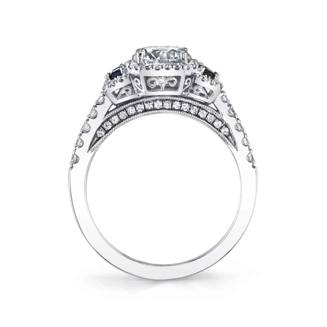 White Gold Three Stone Engagement Ring with Sapphires and Baguettes - Apolline