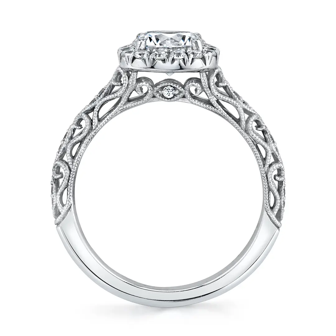 White Gold Round Cut Cushion Halo Modern Vintage Engagement Ring - Regine