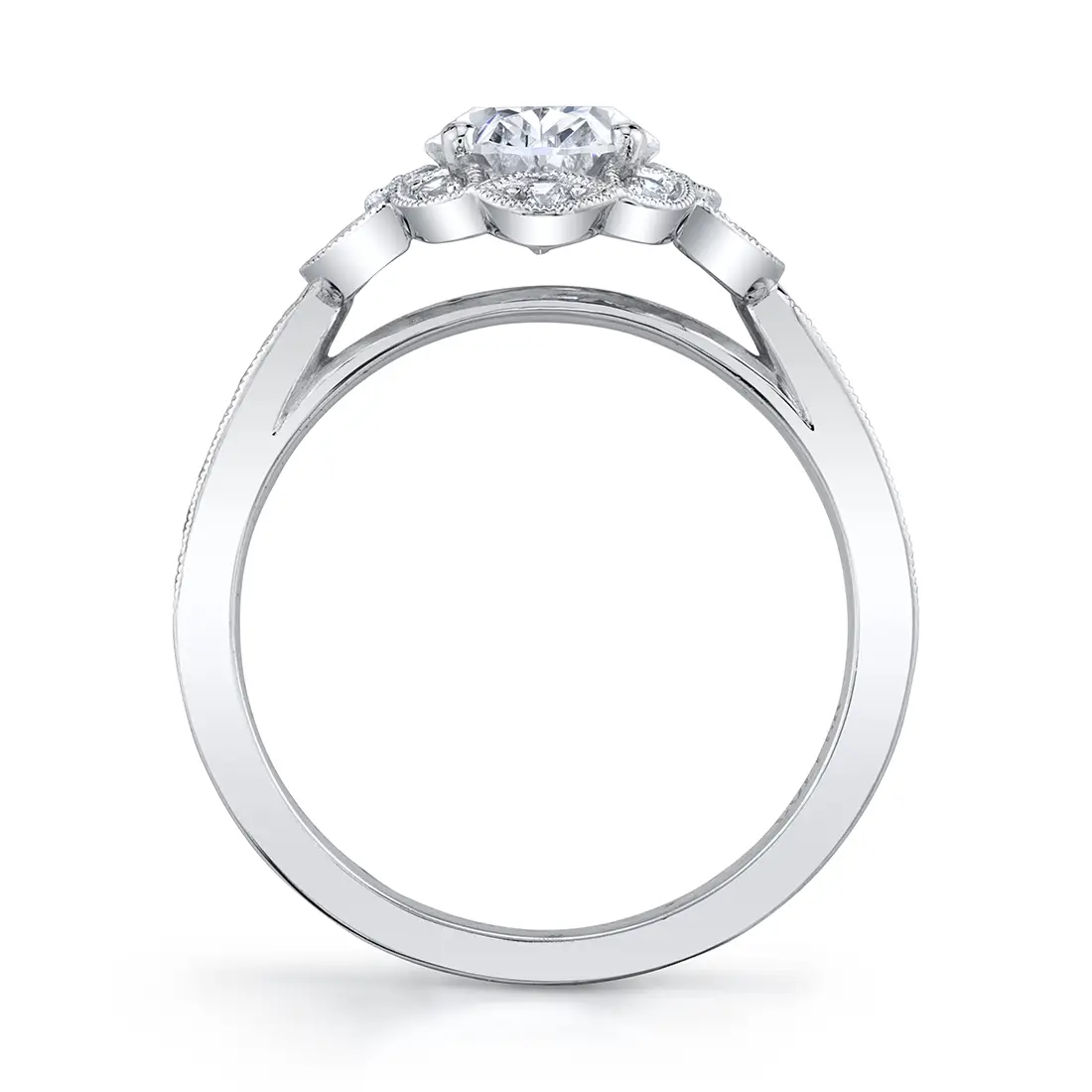 White Gold Oval Cut Floral Inspired Engagement Ring - Candide