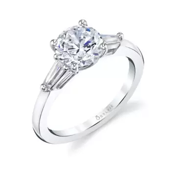 White Gold Round Cut Three Stone Engagement Ring with Baguettes - Nicolette