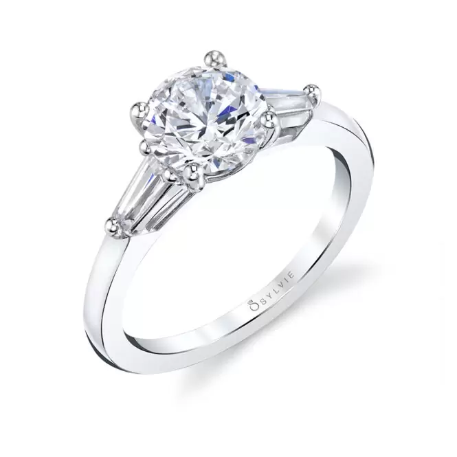 White Gold Round Cut Three Stone Engagement Ring with Baguettes