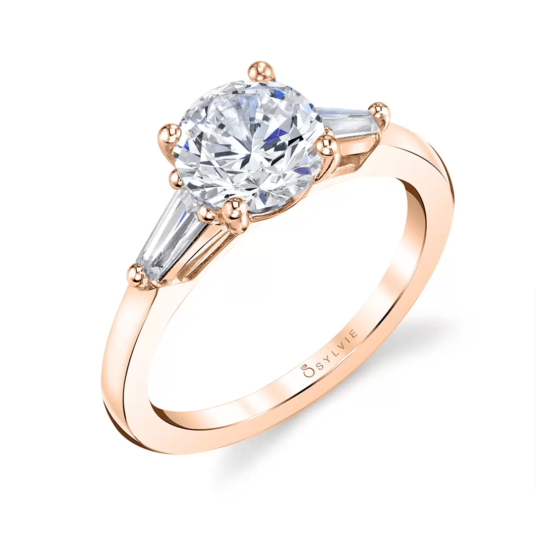 White Gold Round Cut Three Stone Engagement Ring with Baguettes - Nicolette