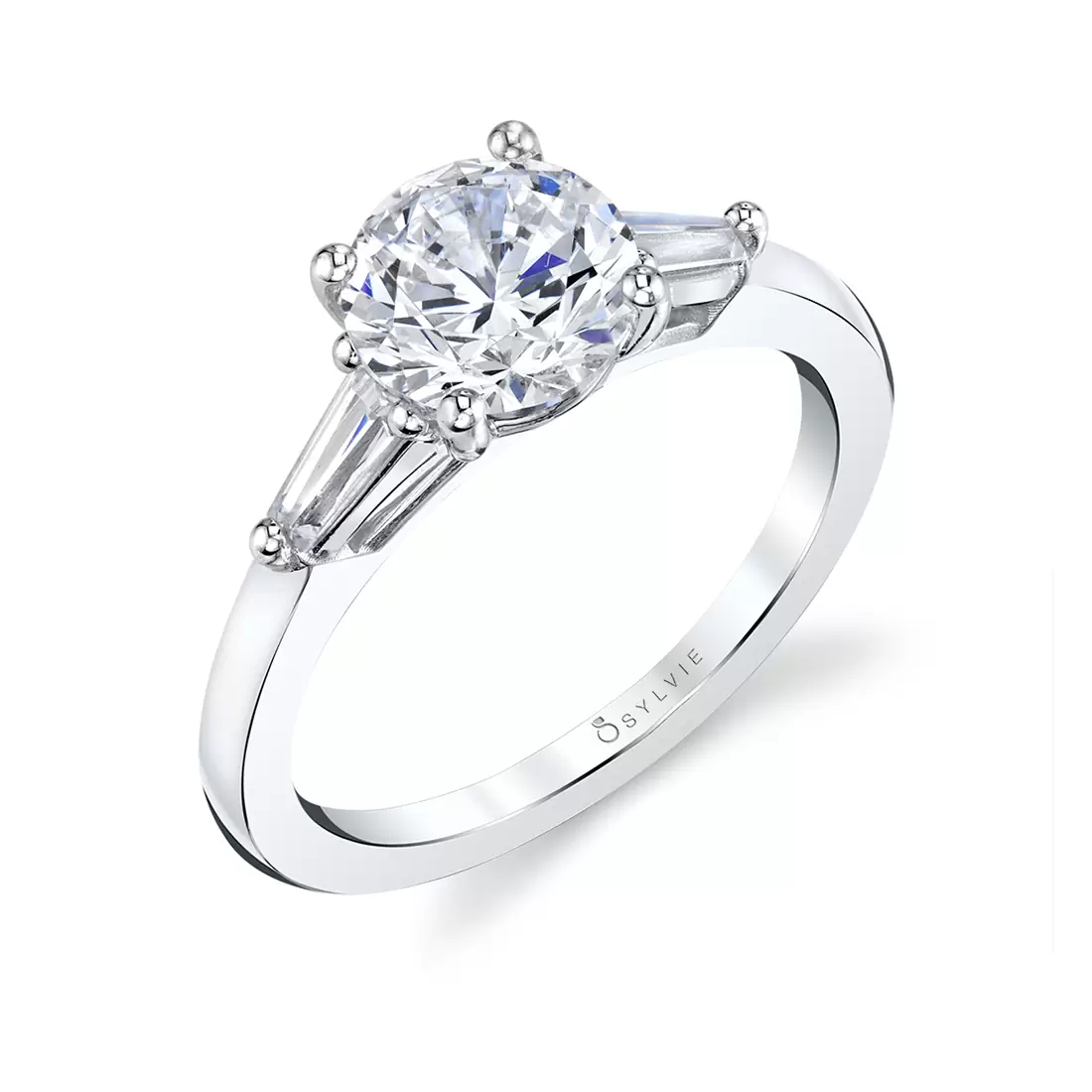White Gold Round Cut Three Stone Engagement Ring with Baguettes - Nicolette