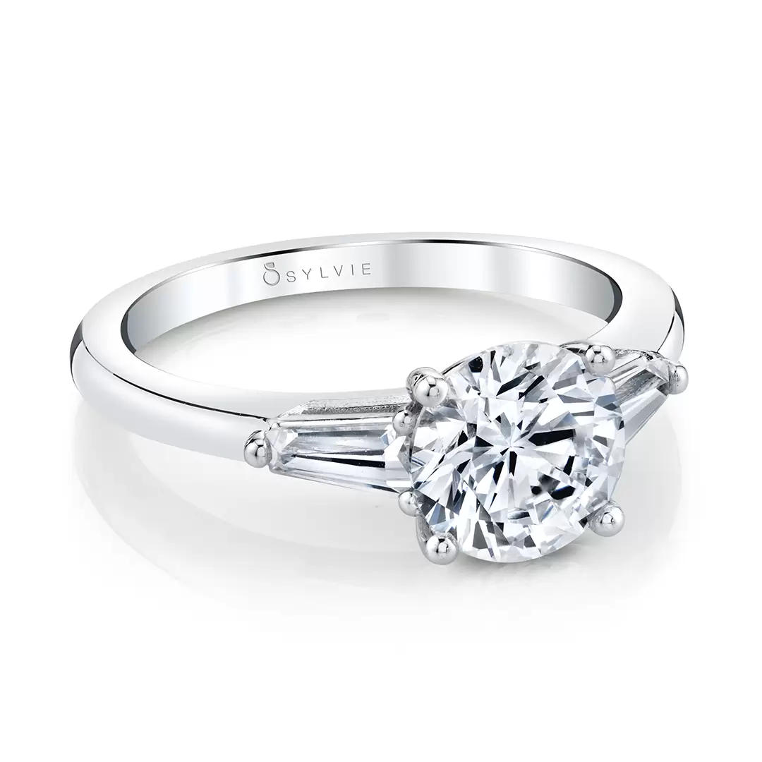 White Gold Round Cut Three Stone Engagement Ring with Baguettes - Nicolette