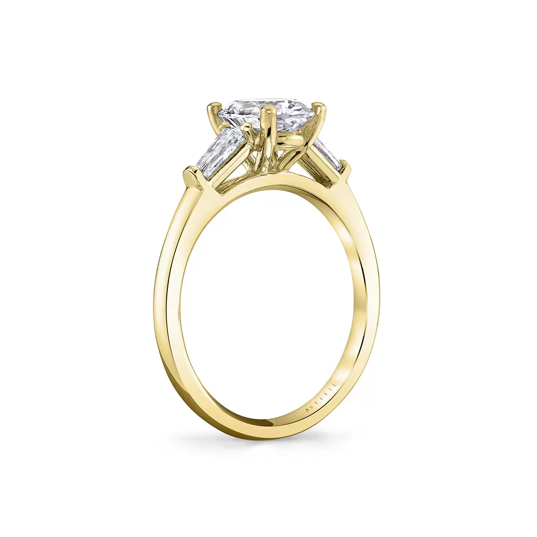 White Gold Round Cut Three Stone Engagement Ring with Baguettes - Nicolette