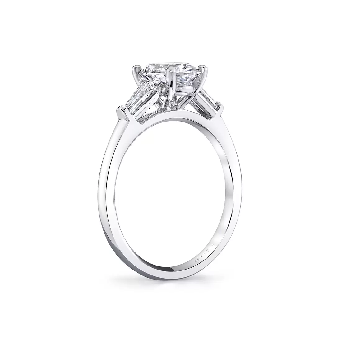 White Gold Round Cut Three Stone Engagement Ring with Baguettes - Nicolette