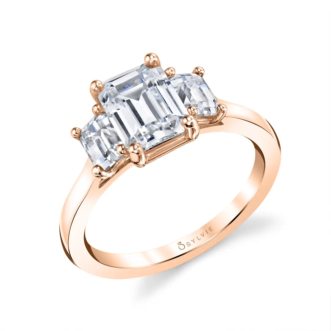 White Gold Emerald Cut Three Stone Engagement Ring - Gigi