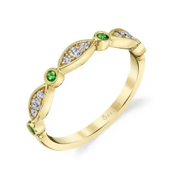 Yellow Gold Emerald and Diamond Vintage Wedding Band - Talia