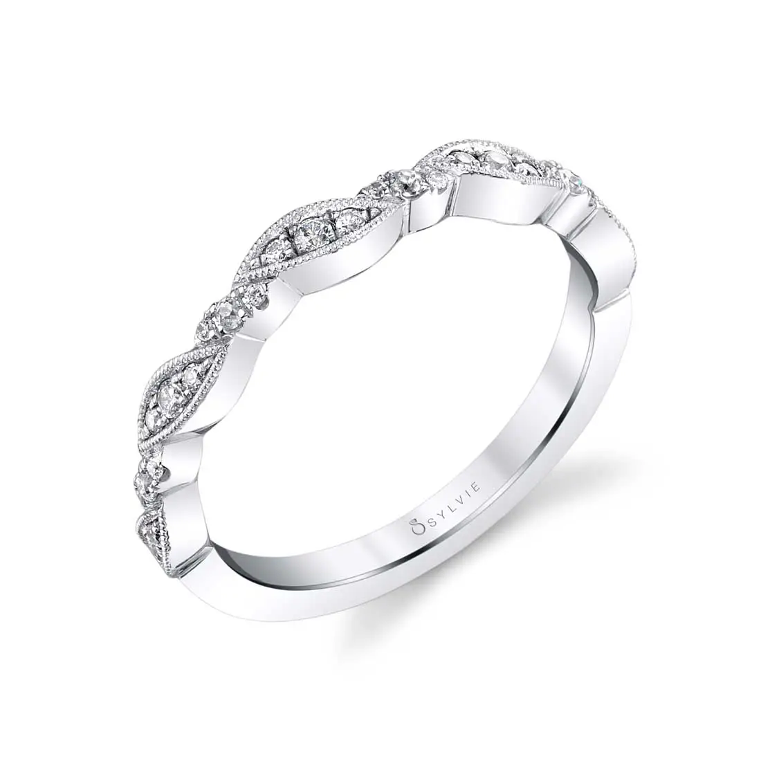 White Gold Round Cut Vintage Stackable Band - Valerie