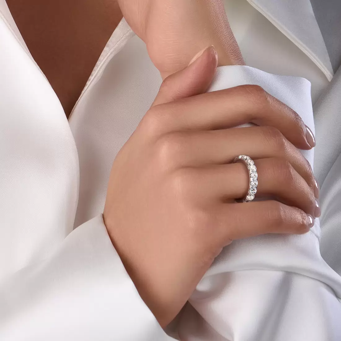 White Gold Classic Wedding Band with Shared Prongs - Lifestyle Image