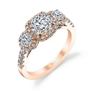 White Gold Round Cut Three Stone Cushion  Halo Engagement Ring - Bianca