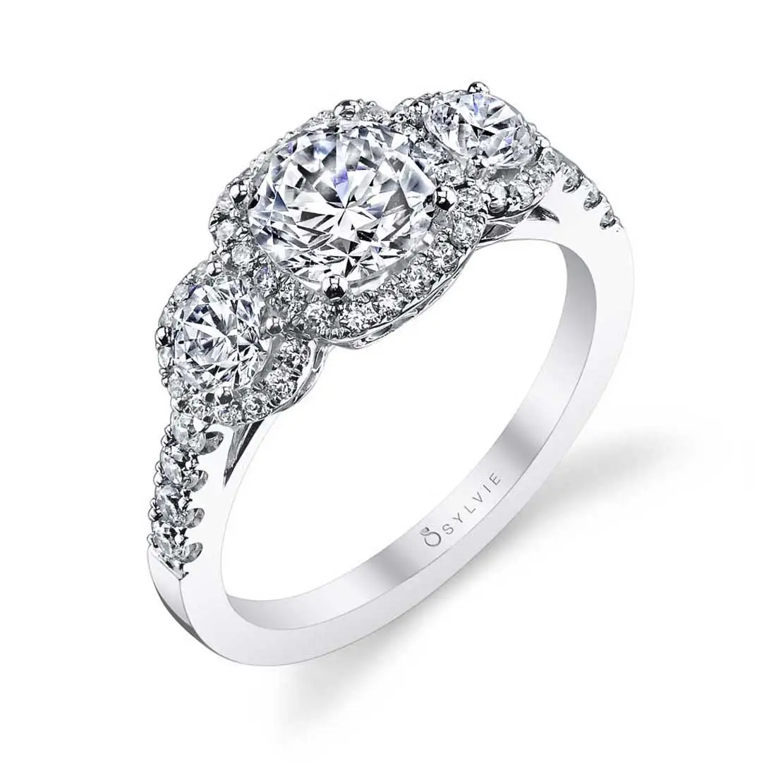 Three Stone Engagement Ring with Halo