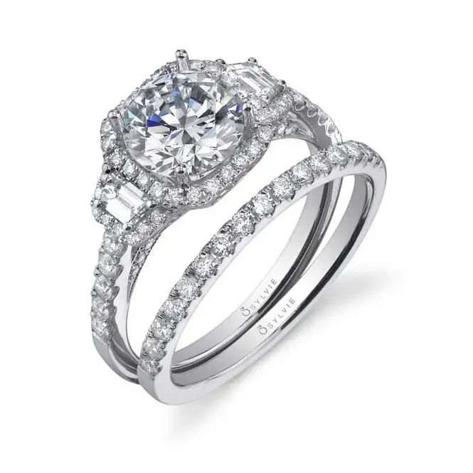 3 Stone Halo Engagement Ring