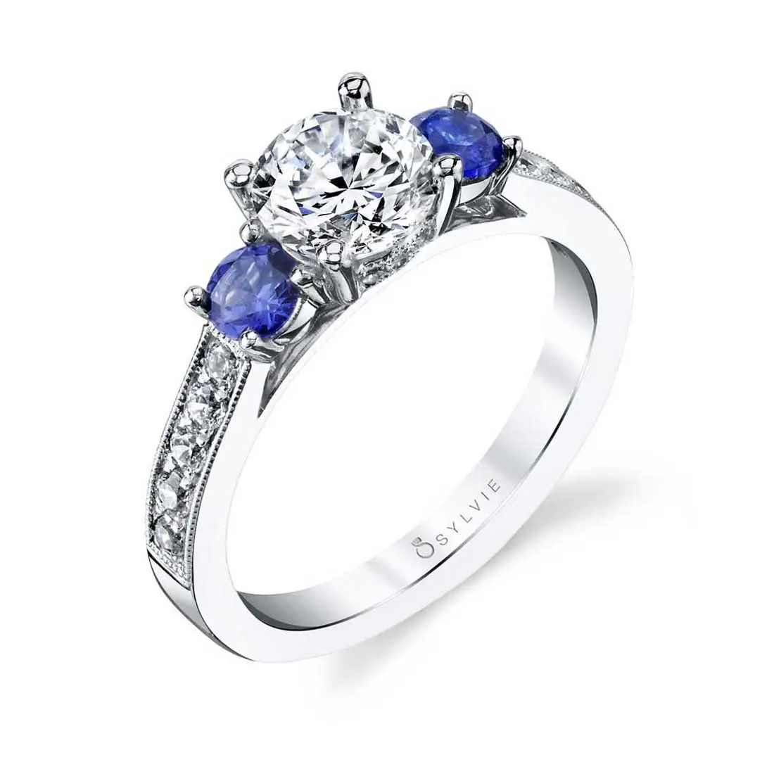 1 1/2ct Diamond and Sapphire 3-Stone Ring - The Jewelry Exchange | Direct  Diamond Importer