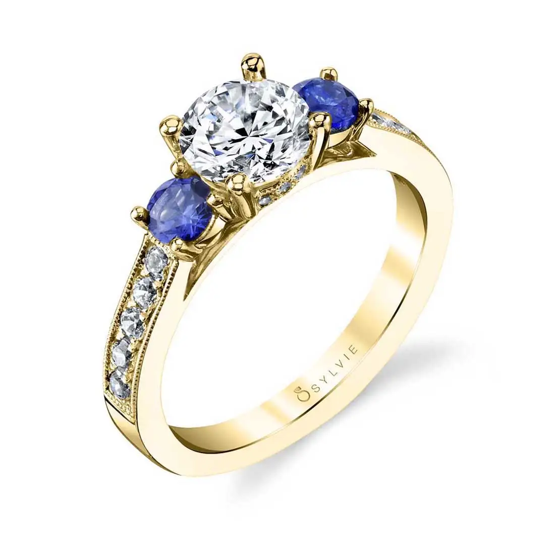 Sapphire Three Stone Three Halo Engagement Ring | Schiffman's Jewelers