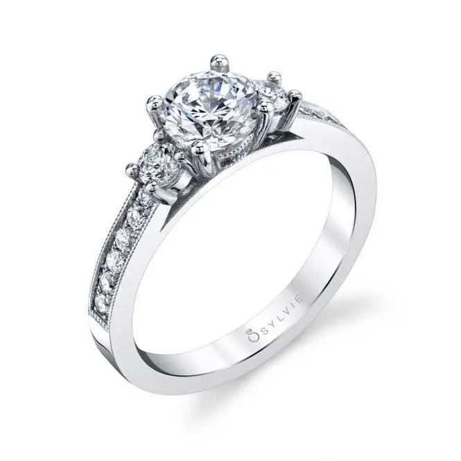 Round Cut Three Stone Engagement Ring with Milgrain Detail - Bianca