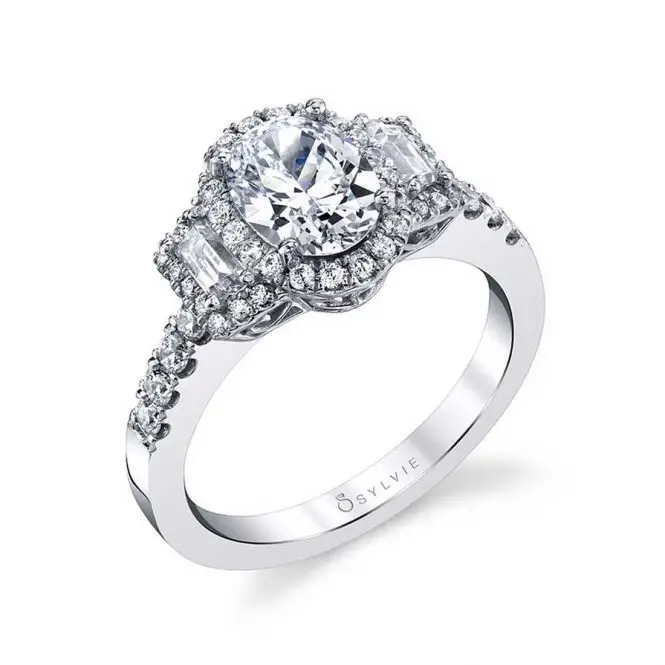 White Gold Oval Cut Three Stone Halo Engagement Ring with Baguettes
