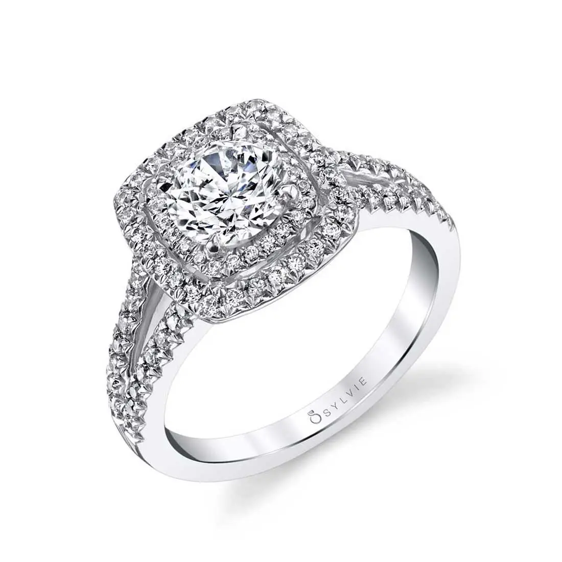 White Gold Round Cut Double Cushion Halo Split Shank Engagement Ring - Macey