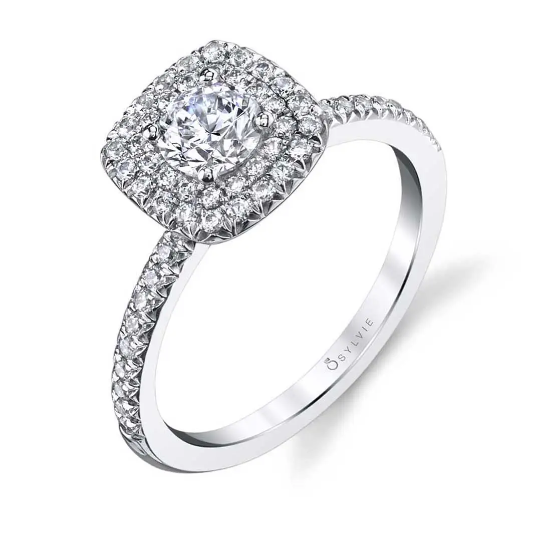 White Gold Round Cut Classic Double Halo Engagement Ring - Noele