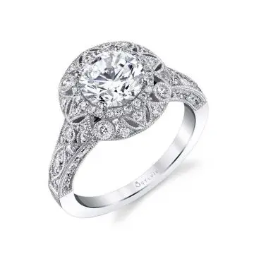 White Gold Round Cut Vintage Double Halo Engagement Ring - Thea