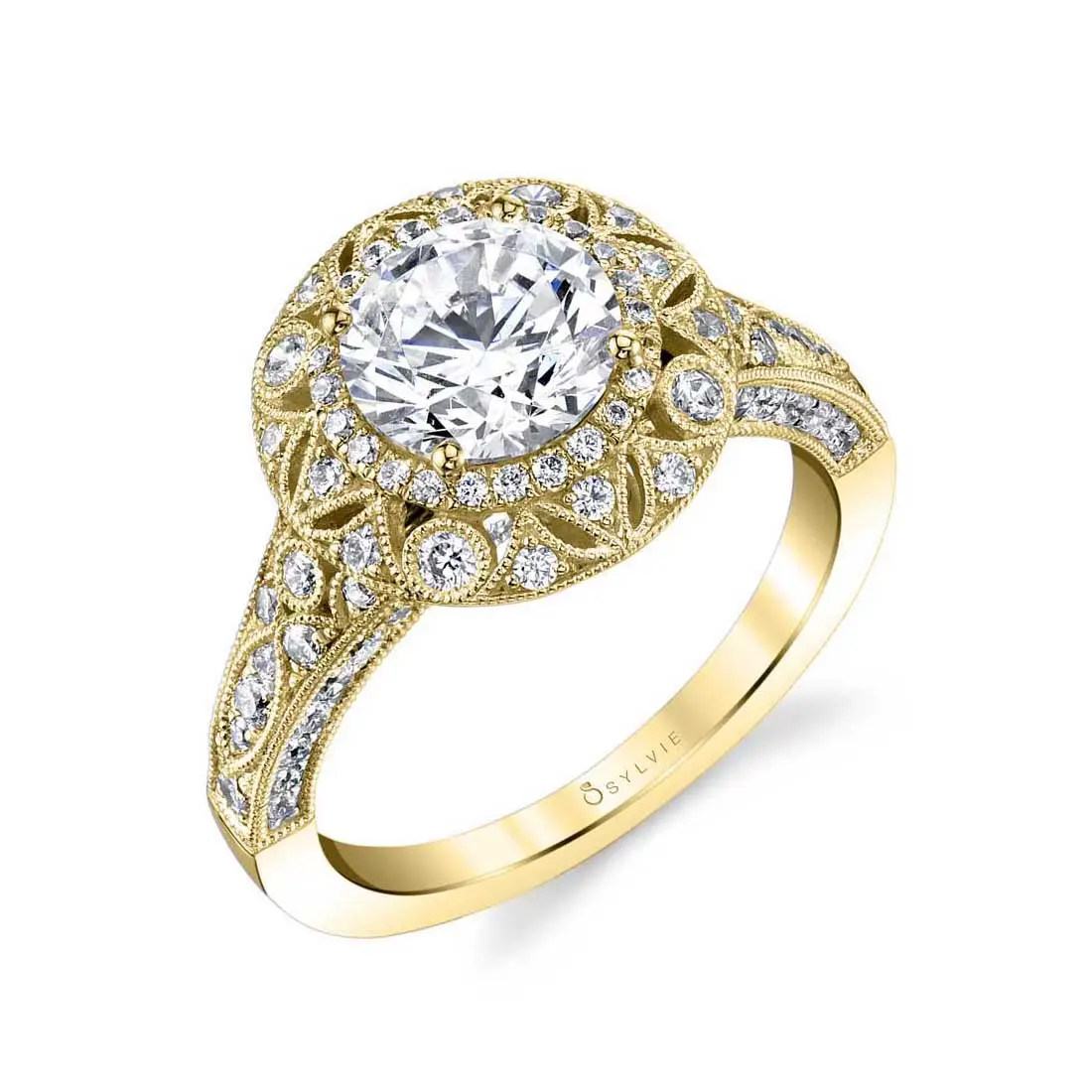 Round Cut Vintage Double Halo Engagement Ring - Thea