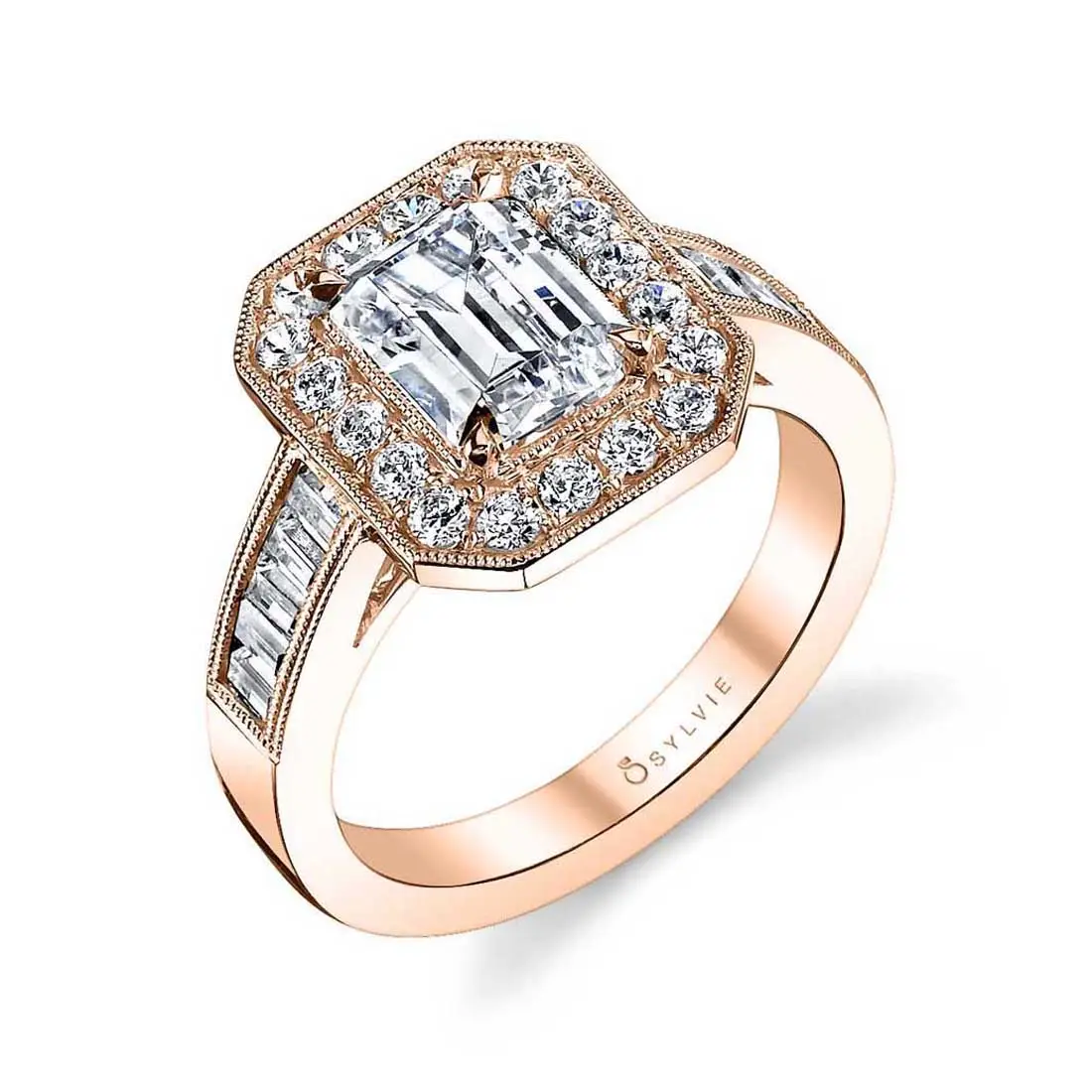 White Gold Emerald Cut Vintage Inspired Engagement Ring with Baguettes - Adele - Profile View