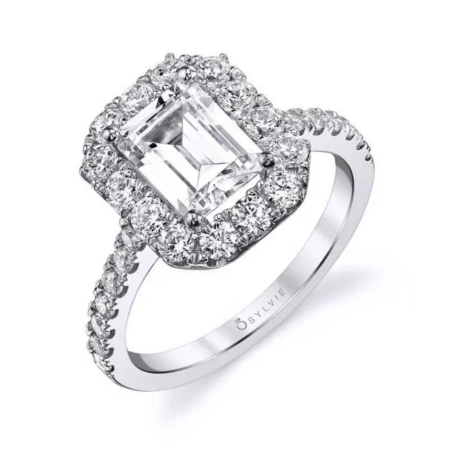 Emerald Cut White Gold Classic Halo Engagement Ring - Olivia