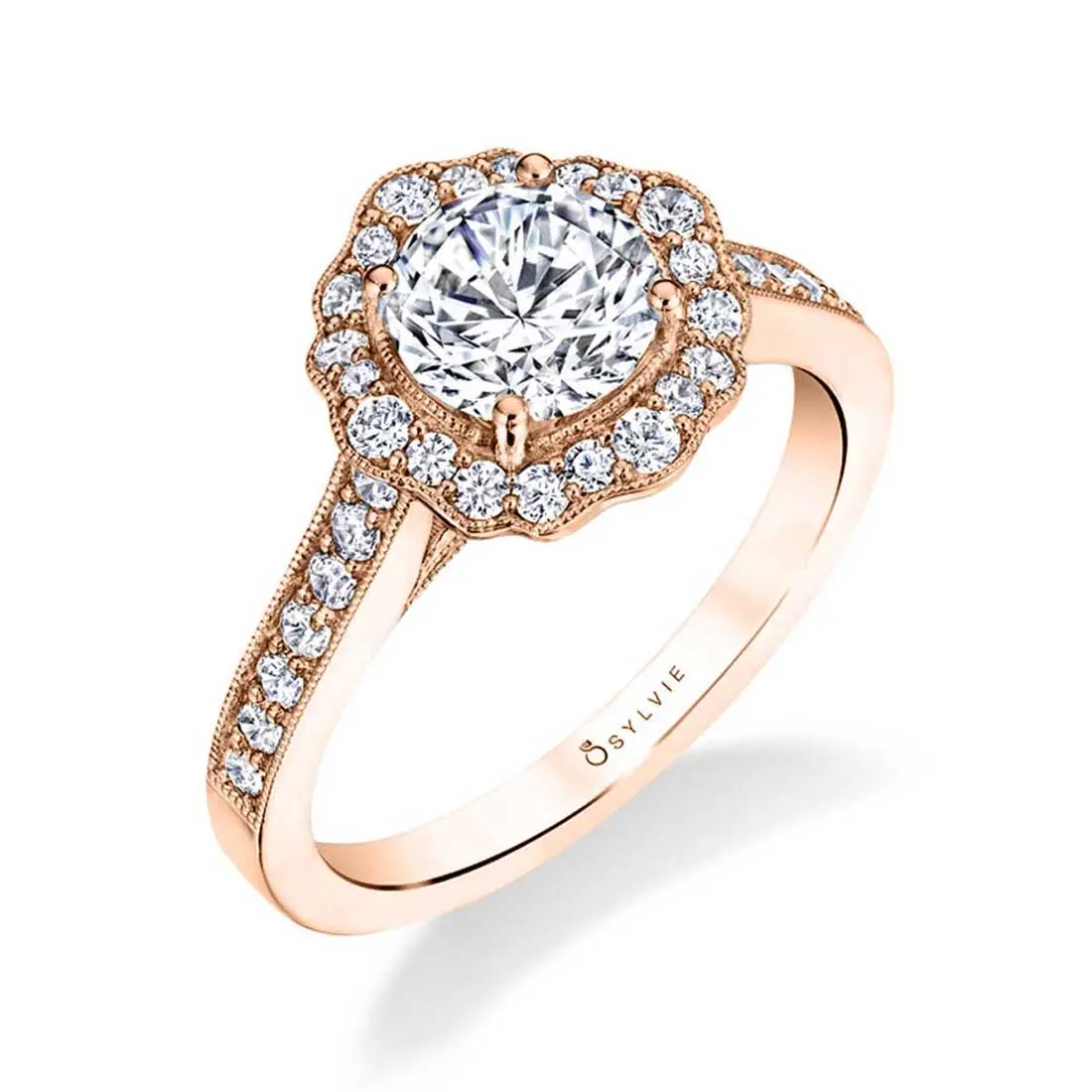 Round Cut Vintage Inspired Flower Engagement Ring - Michaela