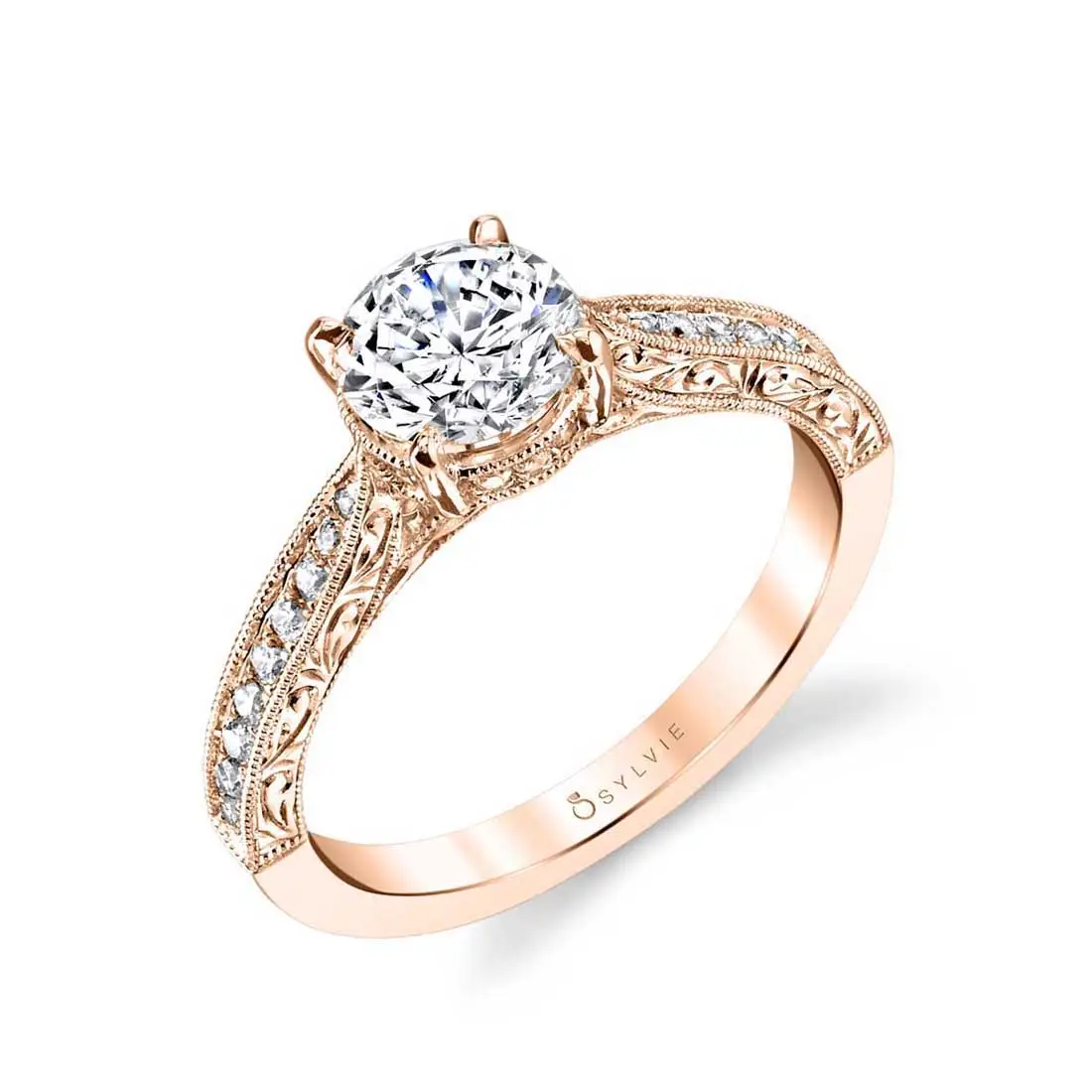 White Gold Round Cut Modern Vintage Engagement Ring - Envie - Profile View