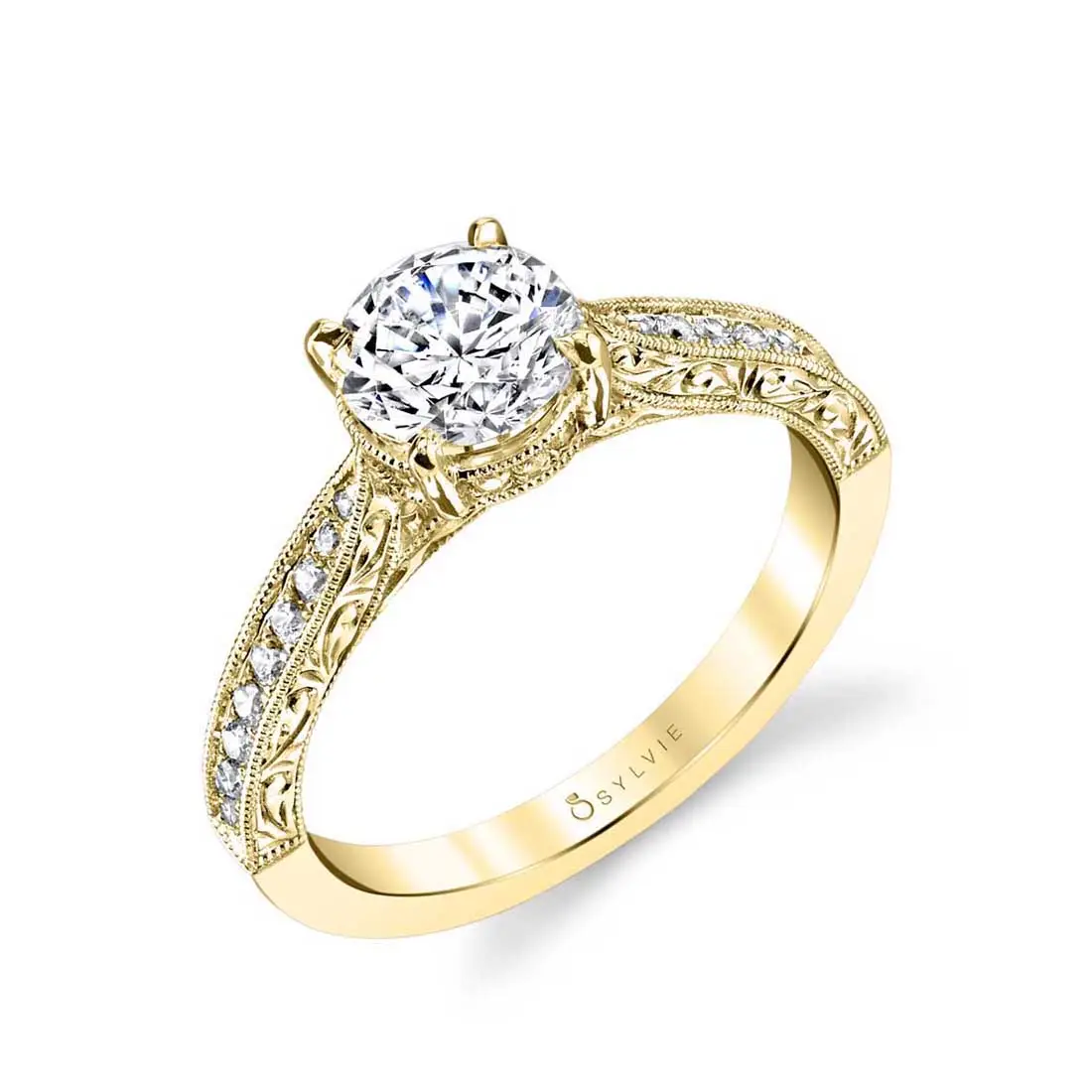 White Gold Round Cut Modern Vintage Engagement Ring - Envie - Profile View