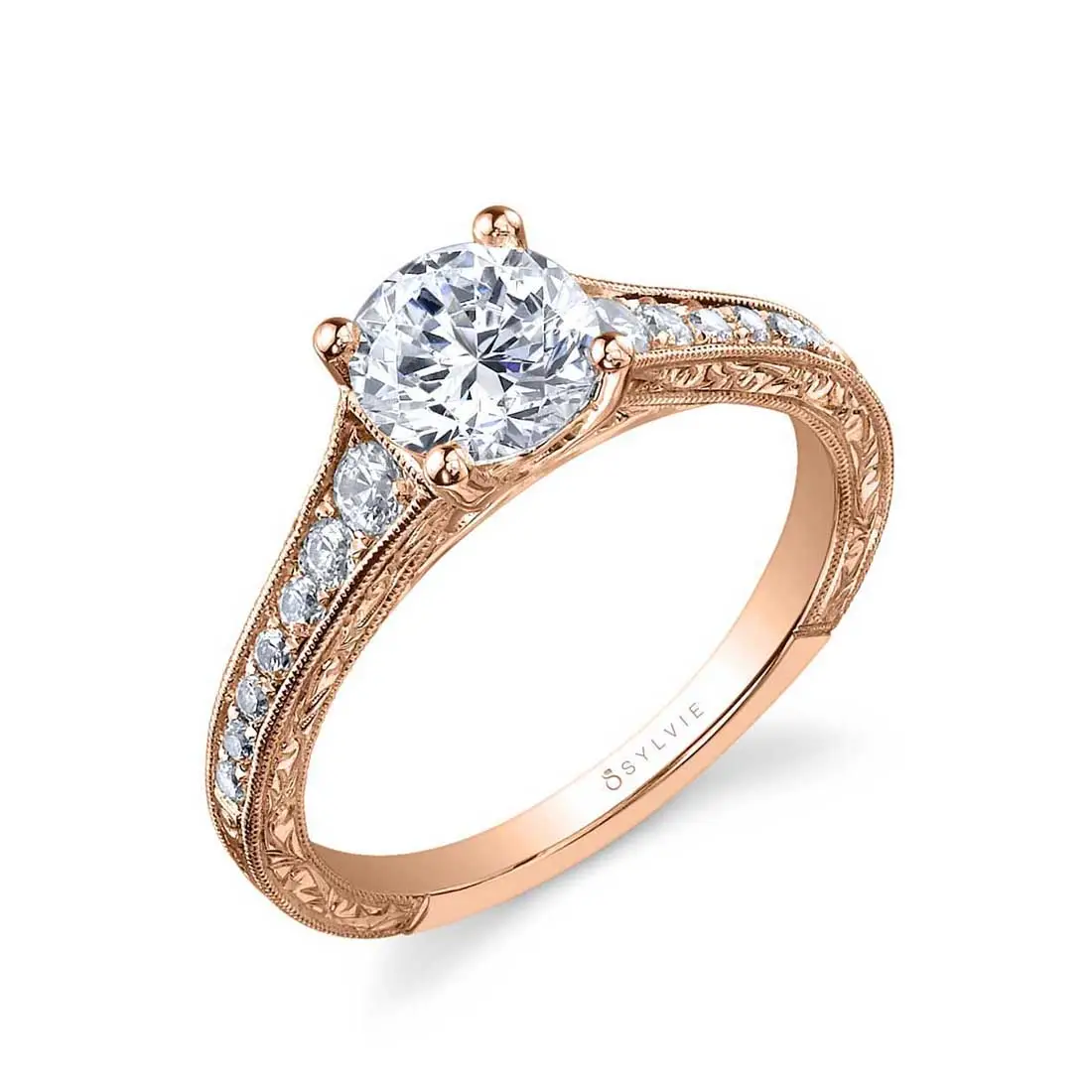 White Gold Round Hand Engraved Engagement Ring - Desirae - Profile View