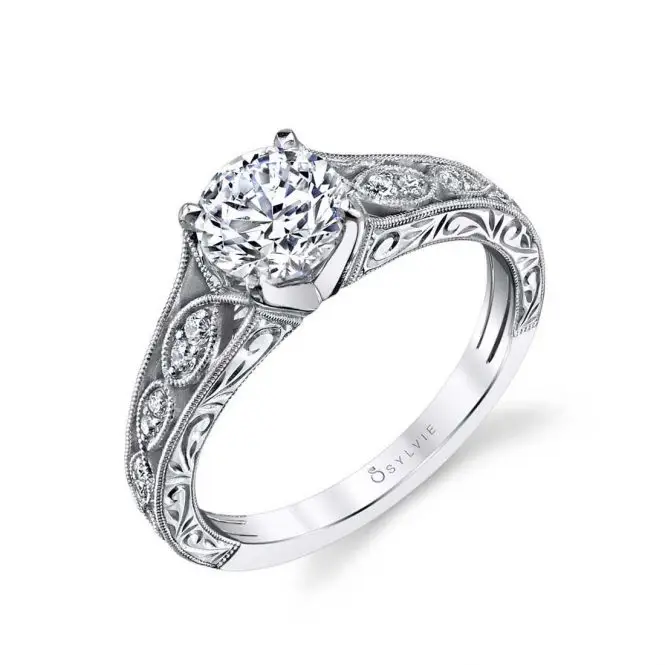 White Gold Round Cut Modern Vintage Engagement Ring