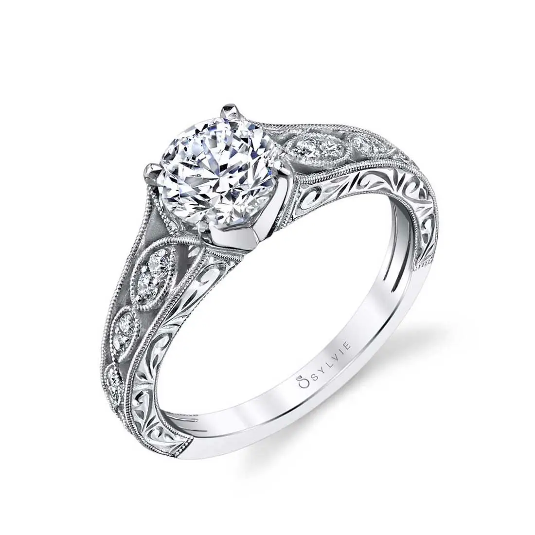 White Gold Round Cut Modern Vintage Engagement Ring - Justeen