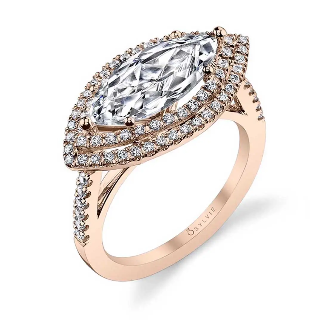 White Gold Marquise Cut East to West Double Halo Engagement Ring - Julee - Profile View