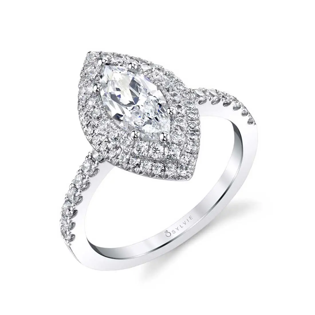 White Gold Marquise Cut Double Halo Engagement Ring - Claudia