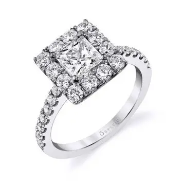 White Gold Princess Cut Classic Halo Engagement Ring - Olivia