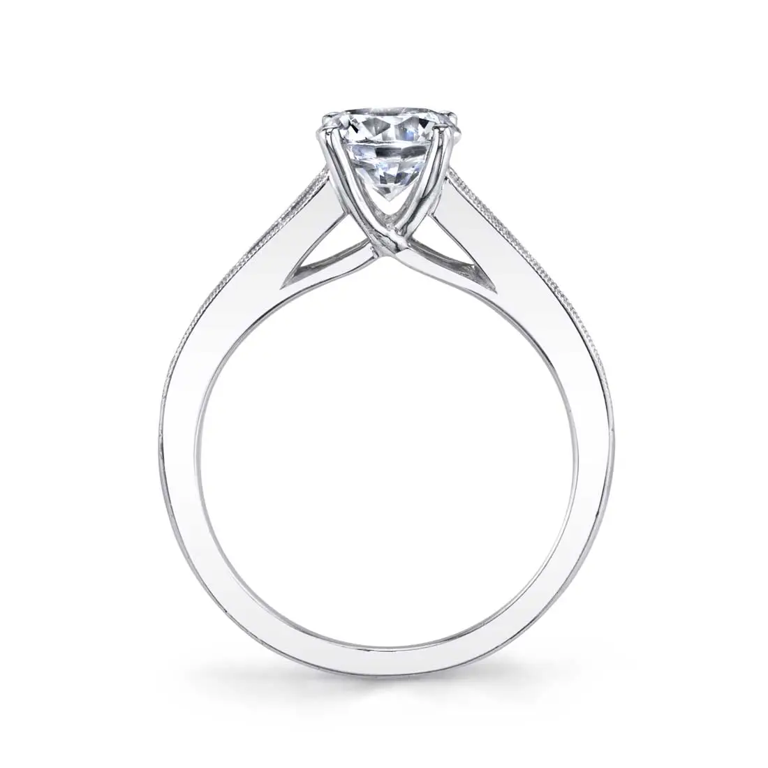 White Gold Round Cut Modern Baguette Engagement Ring - Victoria - Profile View