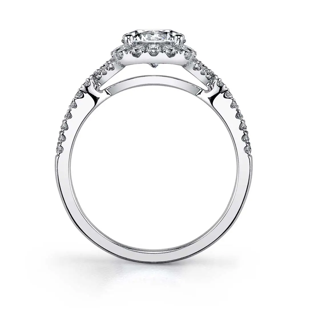 White Gold Round Cut Classic Spiral Cushion Halo Engagement Ring - Faustine - Profile View