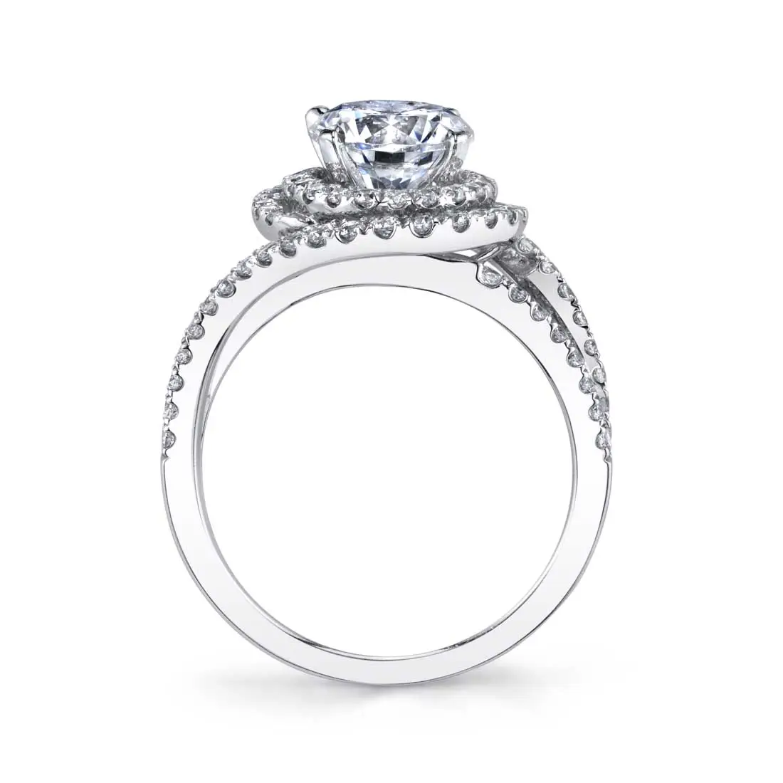 White Gold Round Cut Unique Double Halo Engagement Ring - Grace - Profile View