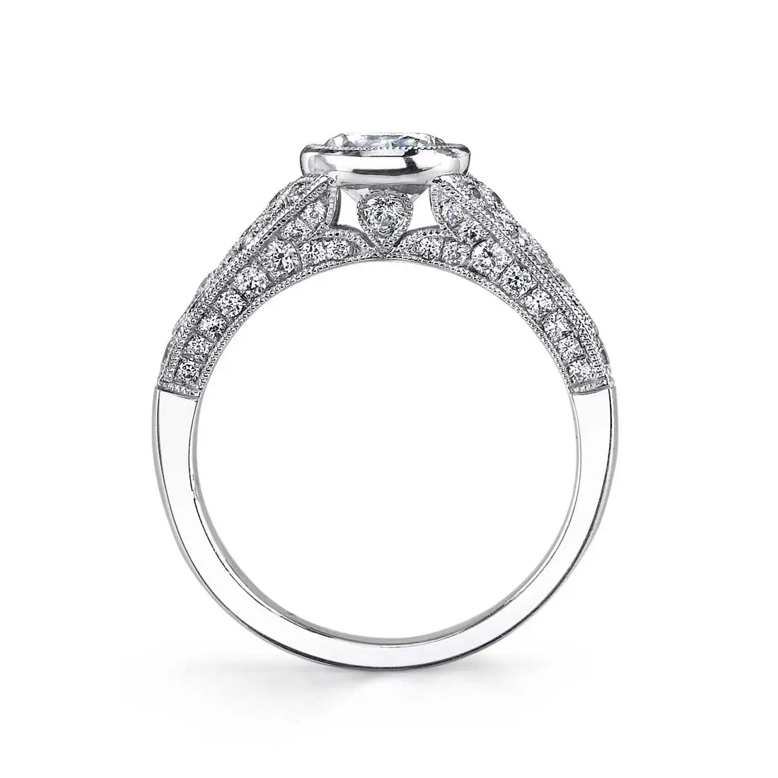White Gold Round Cut Modern Vintage Bezel Engagement Ring - Barbara - Profile View