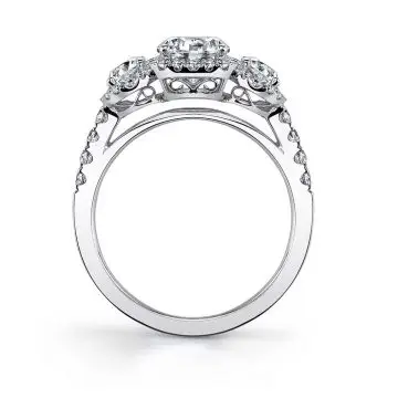 White Gold Round Cut Three Stone Cushion  Halo Engagement Ring - Bianca