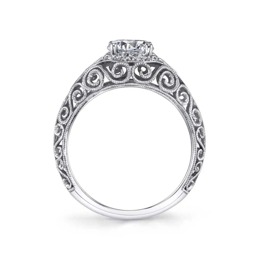 White Gold Round Cut Modern Vintage Engagement Ring - Alyssandra - Profile View