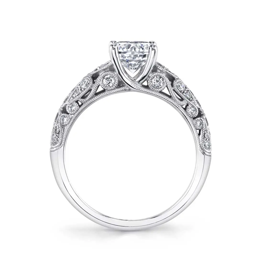 White Gold Round Cut Modern Vintage Engagement Ring - Louise - Profile View
