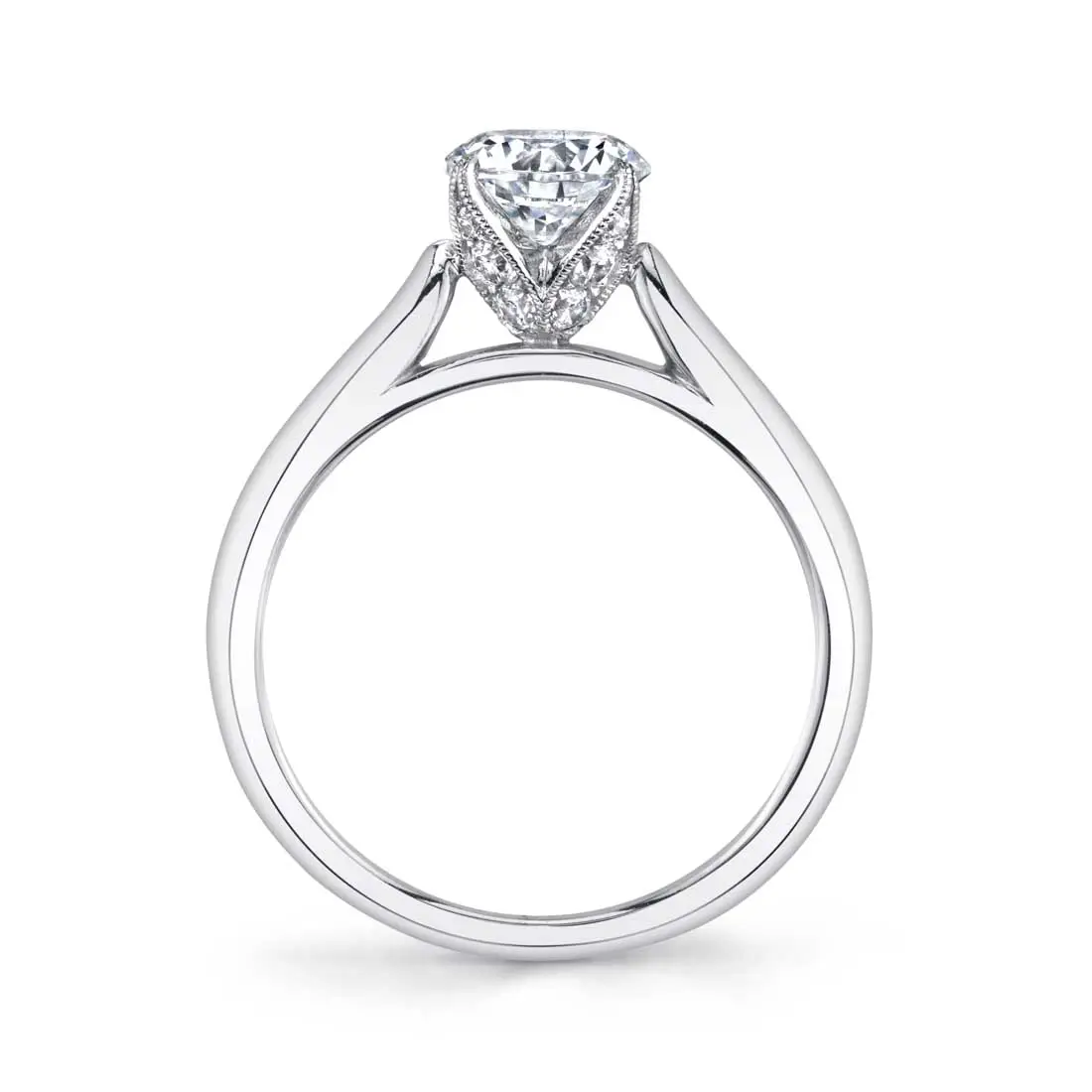 White Gold Round Cut Modern Solitaire Engagement Ring - Aubree - Profile View