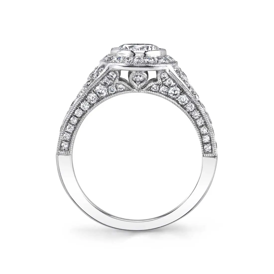 White Gold Round Cut Modern Vintage Bezel Engagement Ring - Karoline - Profile View