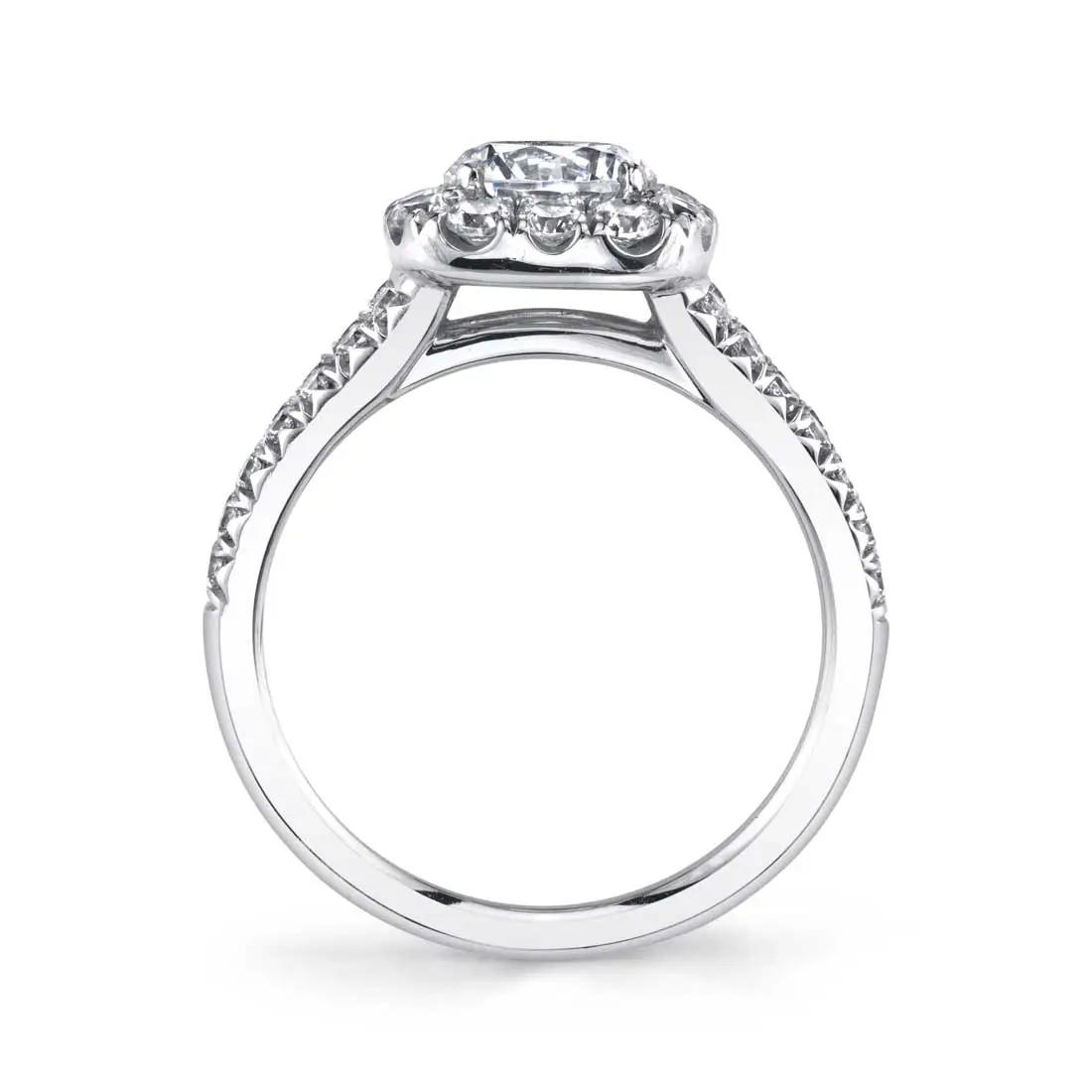 White Gold Round Cut  Cushion Halo Split Shank Engagement Ring - Sarah - Profile View