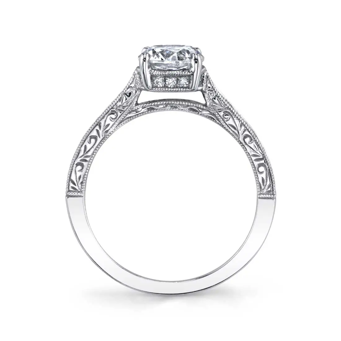 White Gold Round Cut Modern Vintage Engagement Ring - Envie - Profile View